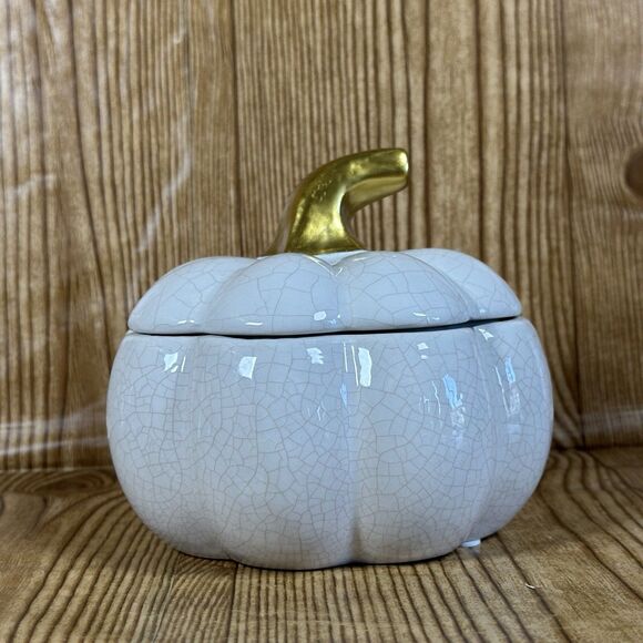 Ceramic Pumpkin Decorative Bowl with Lid White 6” - Picture 1 of 11